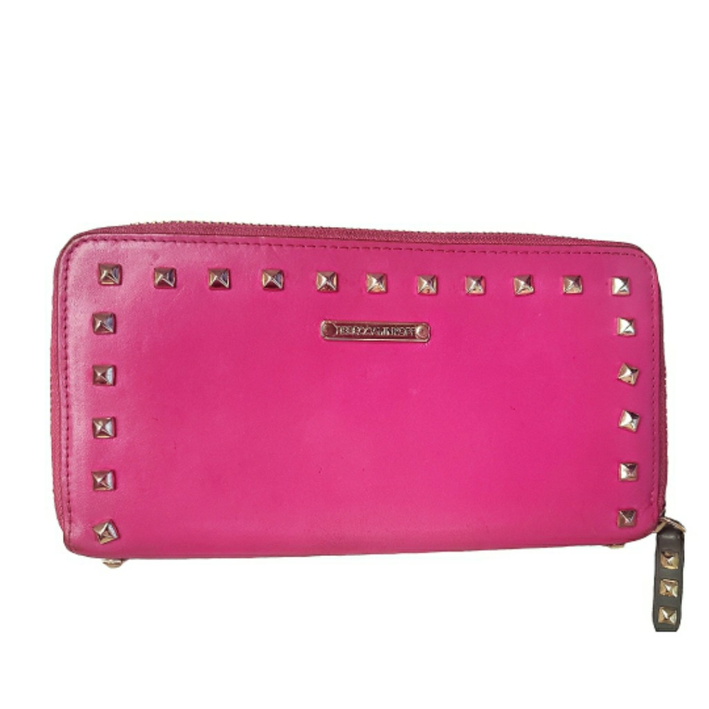 Rebecca Minkoff Pink Leather Wallet Zip Goldtone Rivets Studded Coin Purse Cute